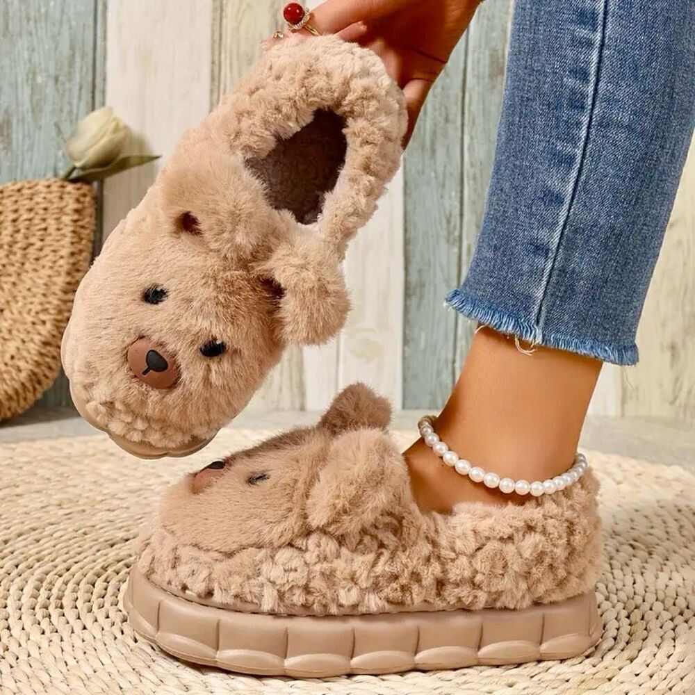 NWT Chunky 8,/8.5/9 Cushion Comfy Plush Teddy Bear Tan Furry High Soles Slipper